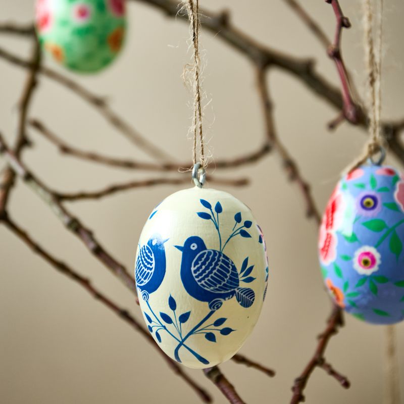 Hanging Solid Egg | Ivory & Blue Birds - Dalit Goods Co